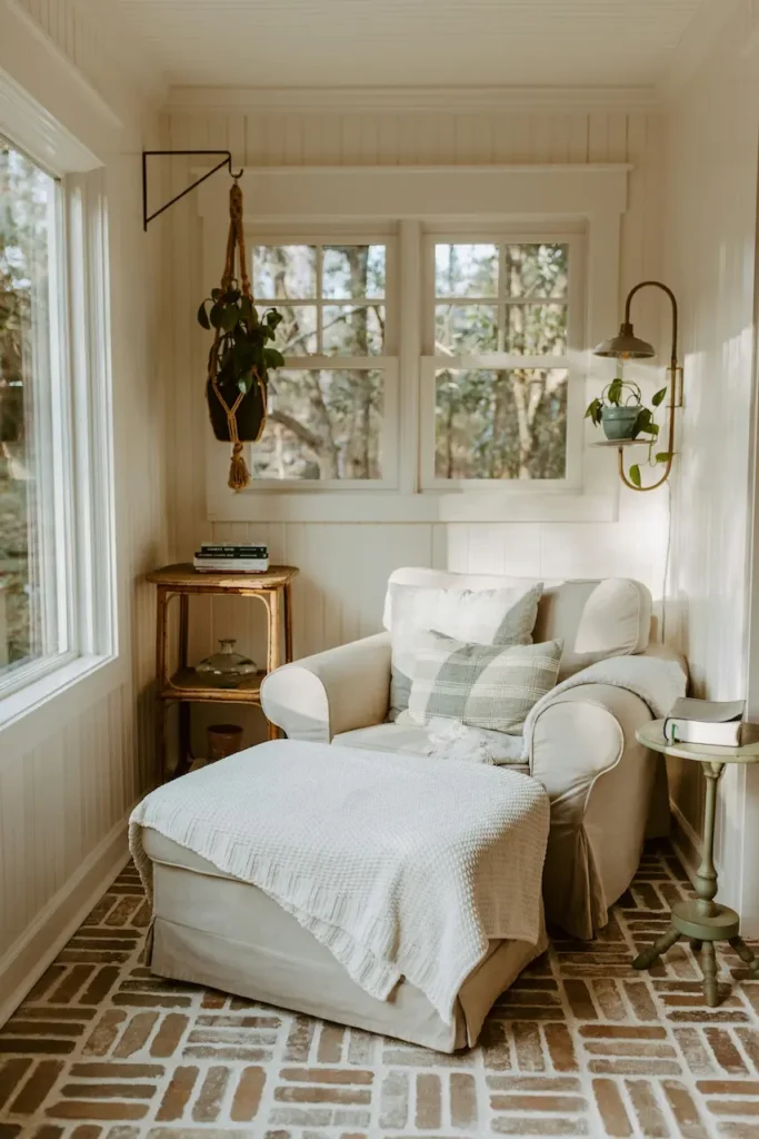 Large white chair in sun room - cozy, inviting, clean rental home