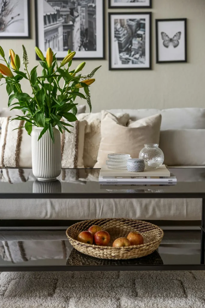Decorated coffee table with fresh flowers and cream-colored couch in background